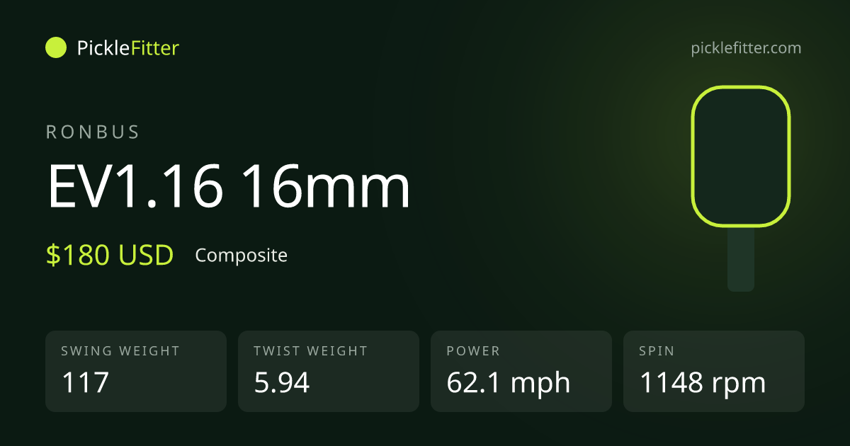 Ronbus EV1.16 16mm spec card: swing weight 117, twist weight 5.94