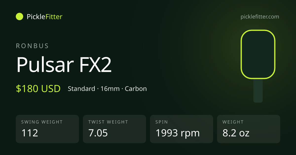 Ronbus Pulsar FX2 spec card: swing weight 112, twist weight 7.05