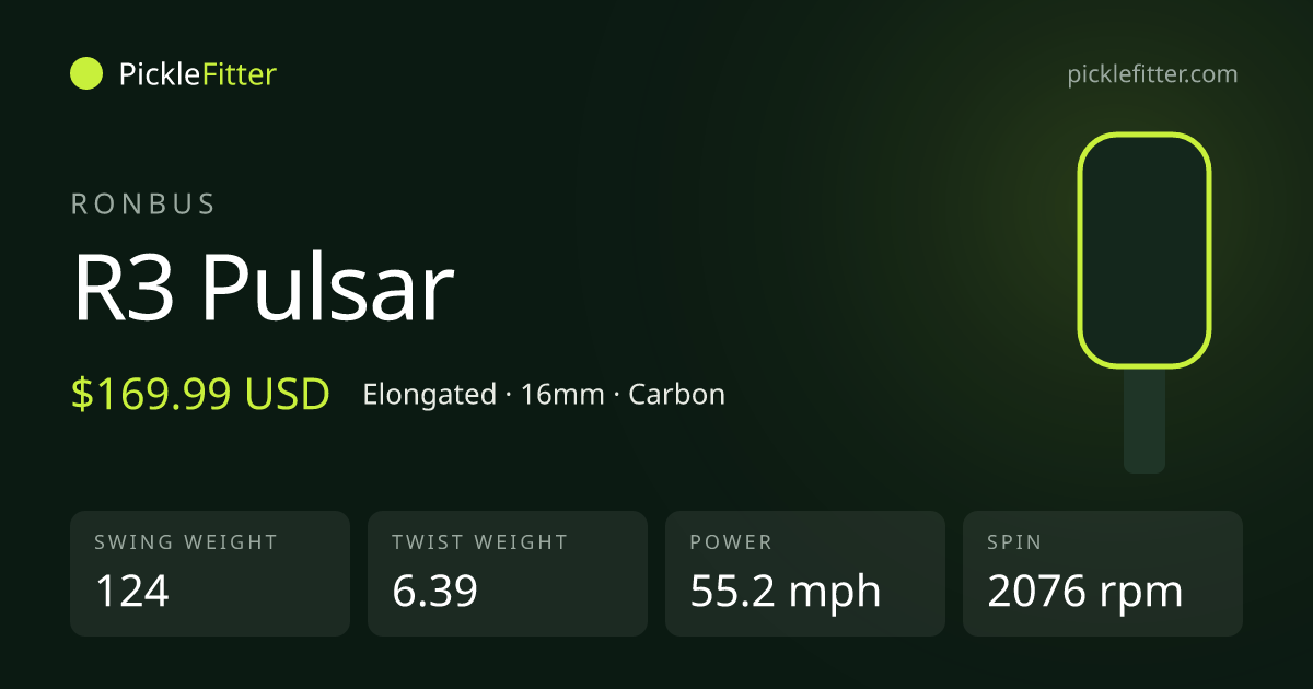 Ronbus R3 Pulsar spec card: swing weight 124, twist weight 6.39