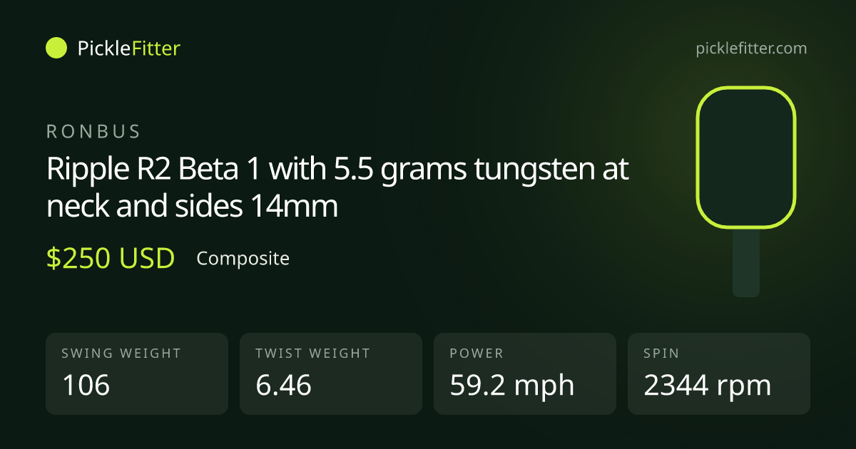 Ronbus Ripple R2 Beta 1 with 5.5 grams tungsten at neck and sides 14mm spec card: swing weight 106, twist weight 6.46