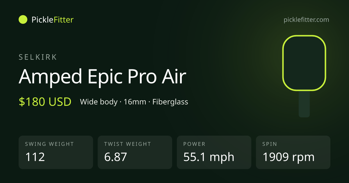 Selkirk Amped Epic Pro Air spec card: swing weight 112, twist weight 6.87