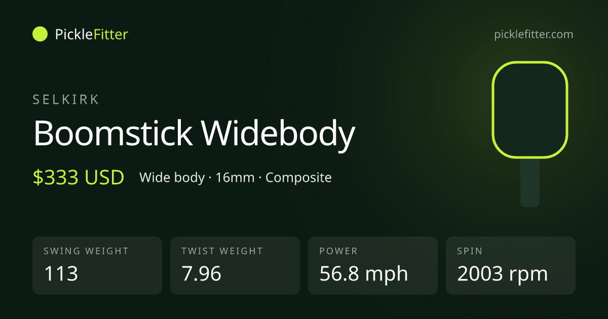 Selkirk Boomstick Widebody spec card: swing weight 113, twist weight 7.96
