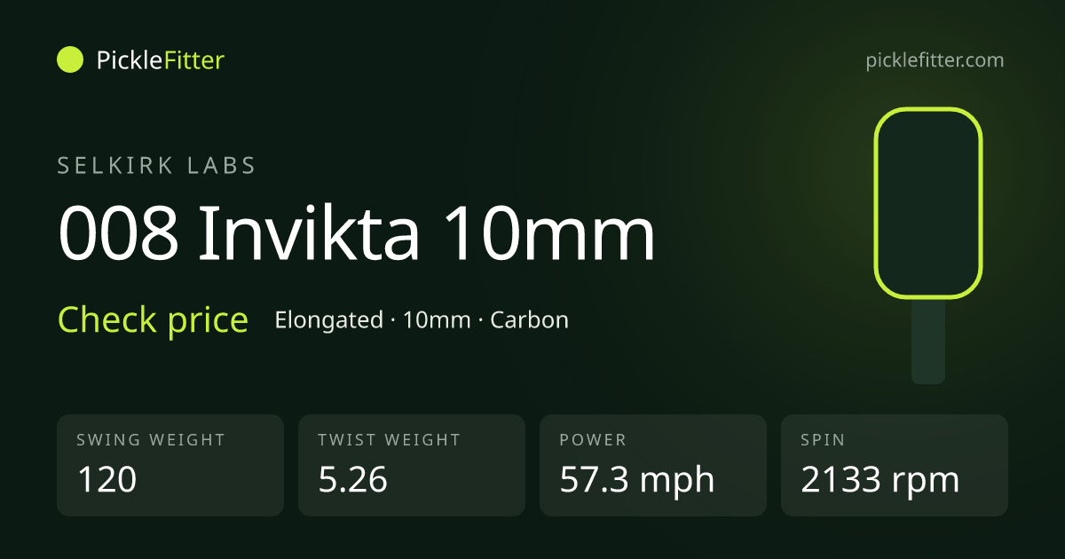 Selkirk Labs 008 Invikta 10mm spec card: swing weight 120, twist weight 5.26