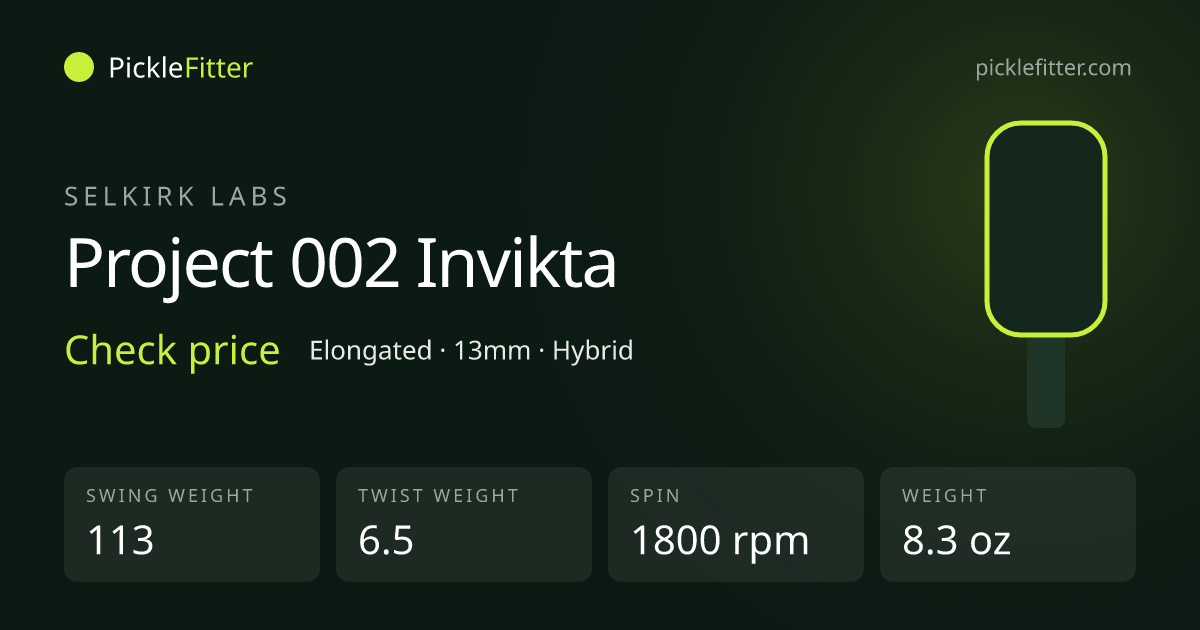Selkirk Labs Project 002 Invikta spec card: swing weight 113, twist weight 6.5