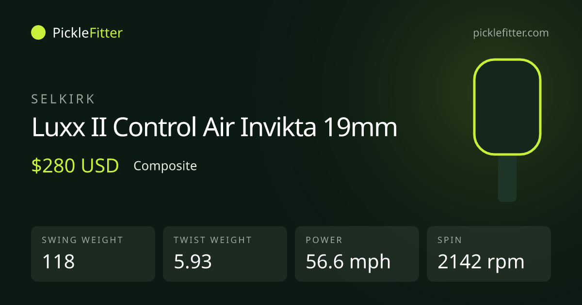 Selkirk Luxx II Control Air Invikta 19mm spec card: swing weight 118, twist weight 5.93