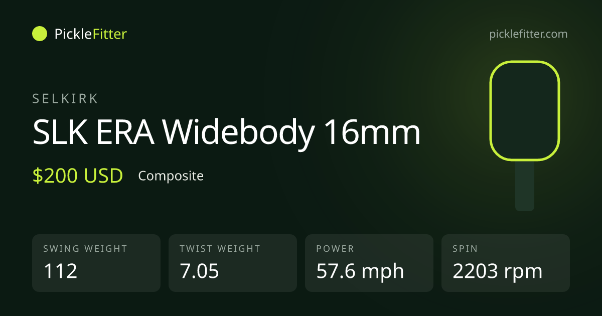 Selkirk SLK ERA Widebody 16mm spec card: swing weight 112, twist weight 7.05