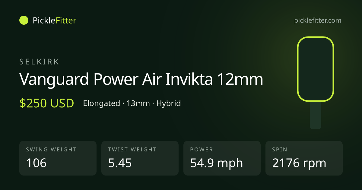 Selkirk Vanguard Power Air Invikta 12mm spec card: swing weight 106, twist weight 5.45