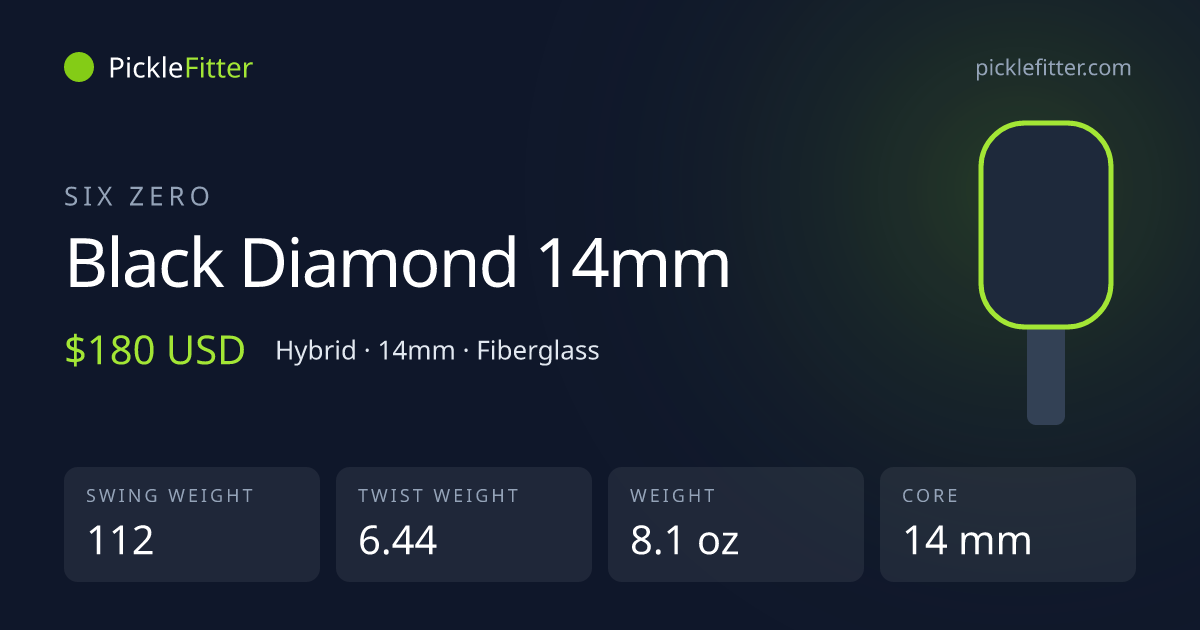 Six Zero Black Diamond 14mm spec card: swing weight 112, twist weight 6.44
