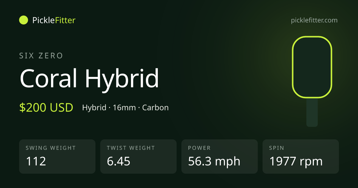 Six Zero Coral Hybrid spec card: swing weight 112, twist weight 6.45