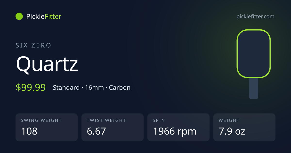 Six Zero Quartz spec card: swing weight 108, twist weight 6.67