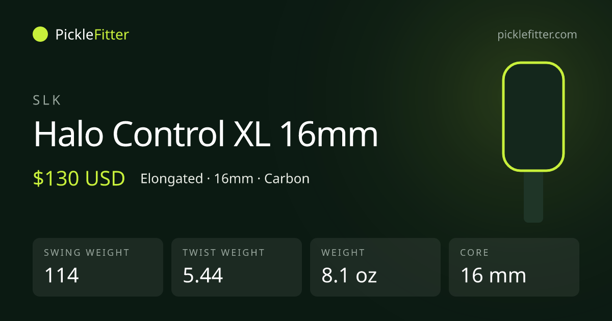 SLK Halo Control XL 16mm spec card: swing weight 114, twist weight 5.44