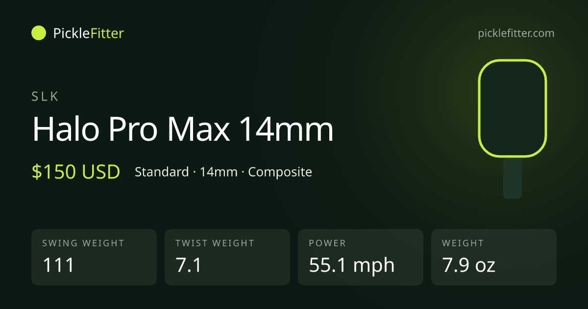 SLK Halo Pro Max 14mm spec card: swing weight 111, twist weight 7.1