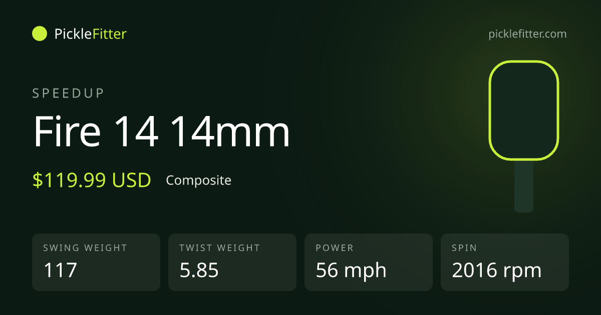 Speedup Fire 14 14mm spec card: swing weight 117, twist weight 5.85
