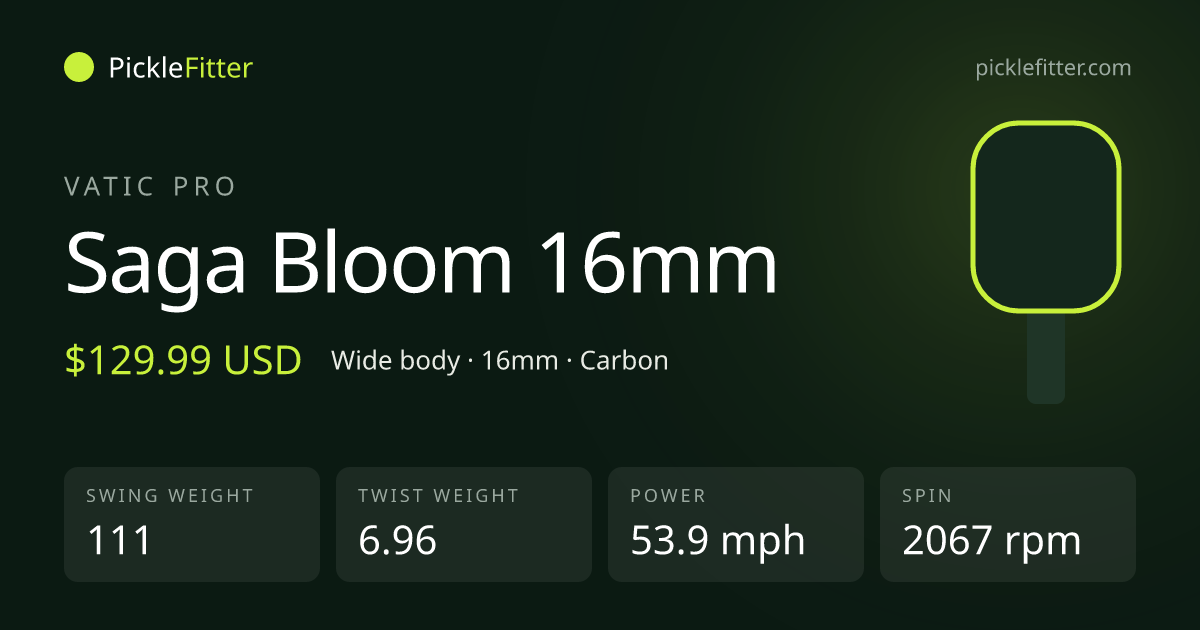 Vatic Pro Saga Bloom 16mm spec card: swing weight 111, twist weight 6.96