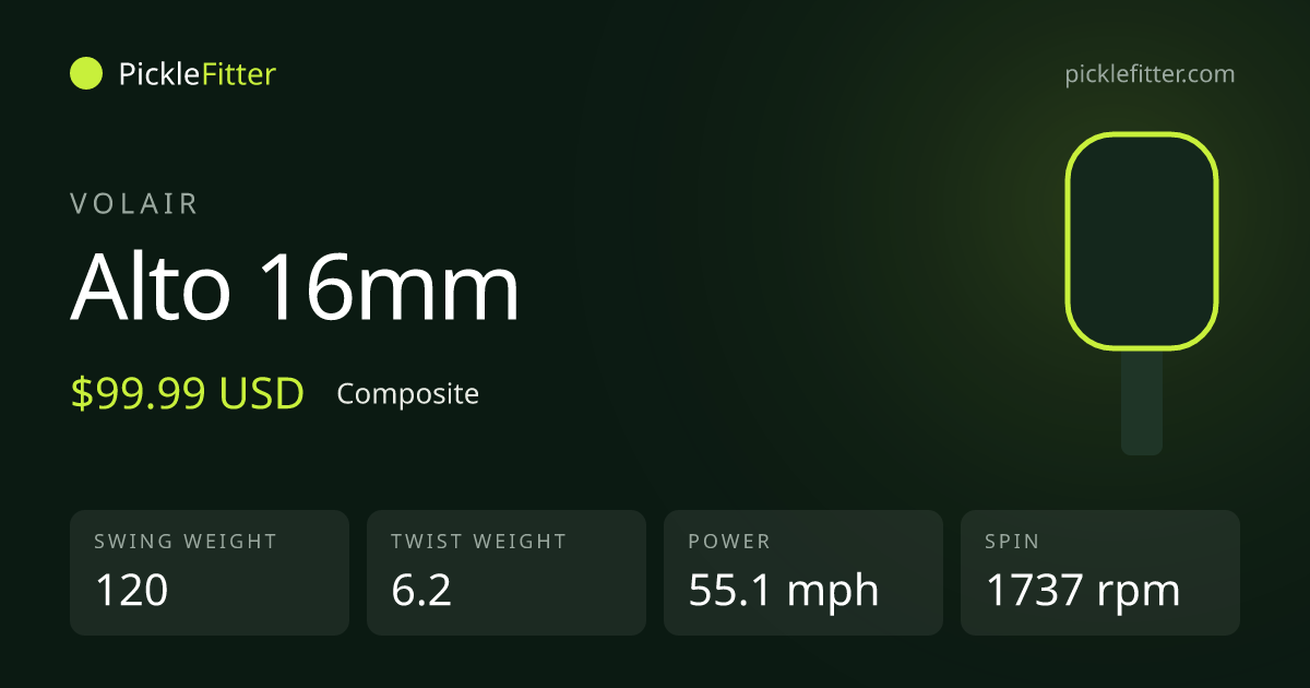 Volair Alto 16mm spec card: swing weight 120, twist weight 6.2