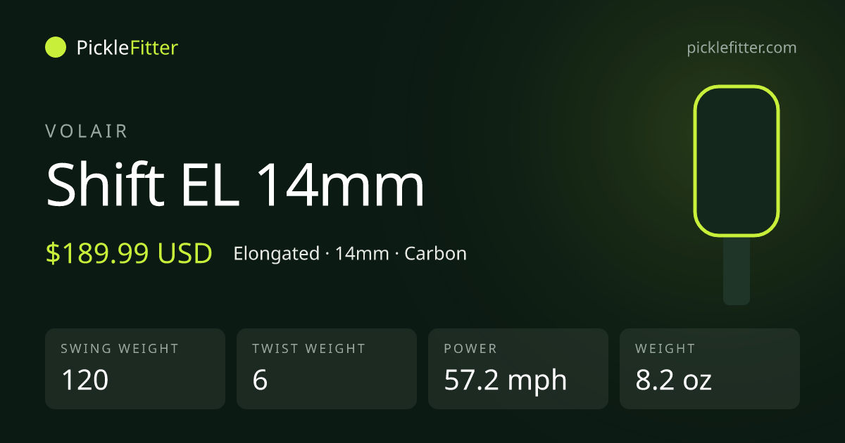 Volair Shift EL 14mm spec card: swing weight 120, twist weight 6