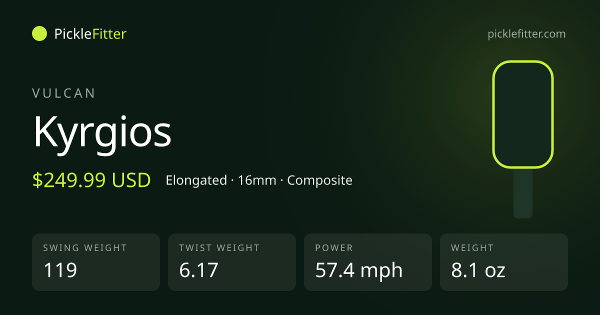 Vulcan Kyrgios spec card: swing weight 119, twist weight 6.17