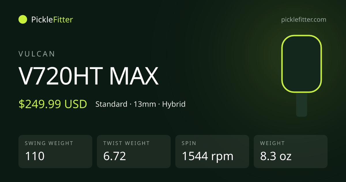 Vulcan V720HT MAX spec card: swing weight 110, twist weight 6.72